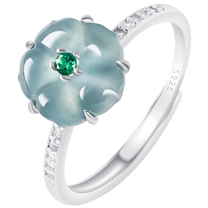 Women Fashion Rings - Mavi Burma Yeşim Taşı Çiçek Yüzükler