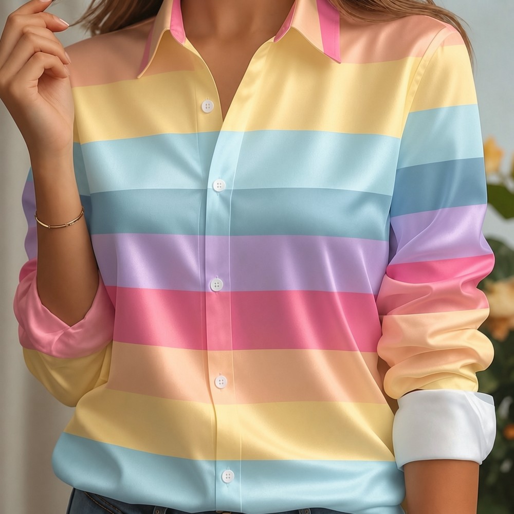 Women'S Fashion Q - Kadın Saten Yaka Gömlek Pastel Çizgili