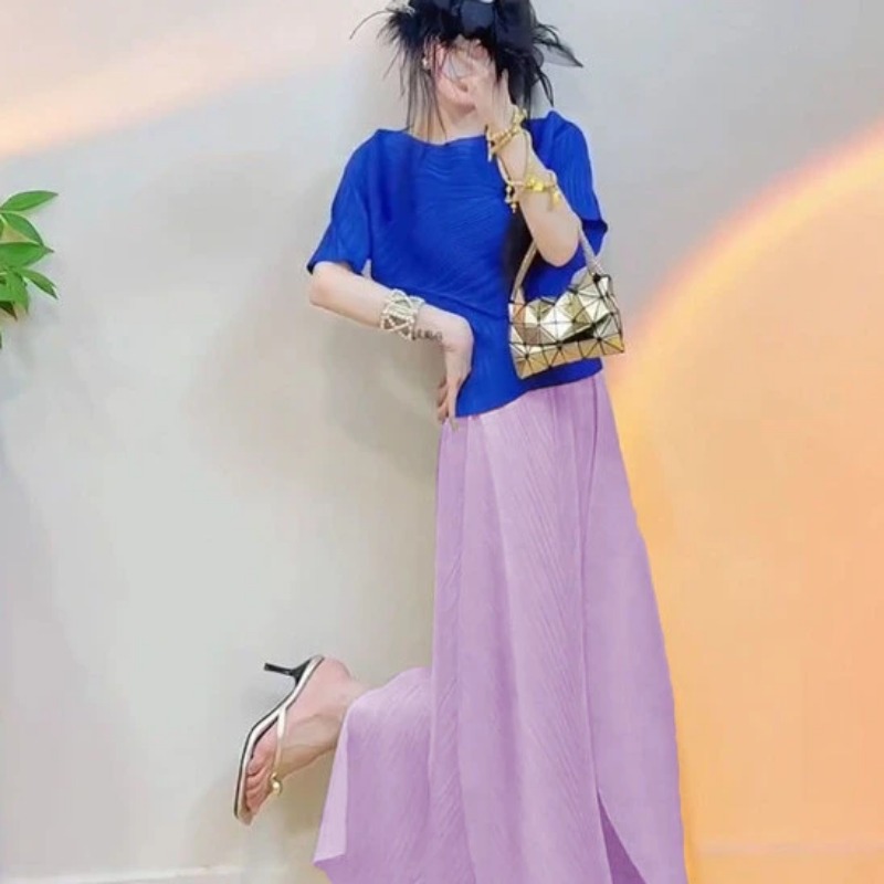 Asymmetric Top Women - Kadın Pileli Renk Bloklu İki Parçalı