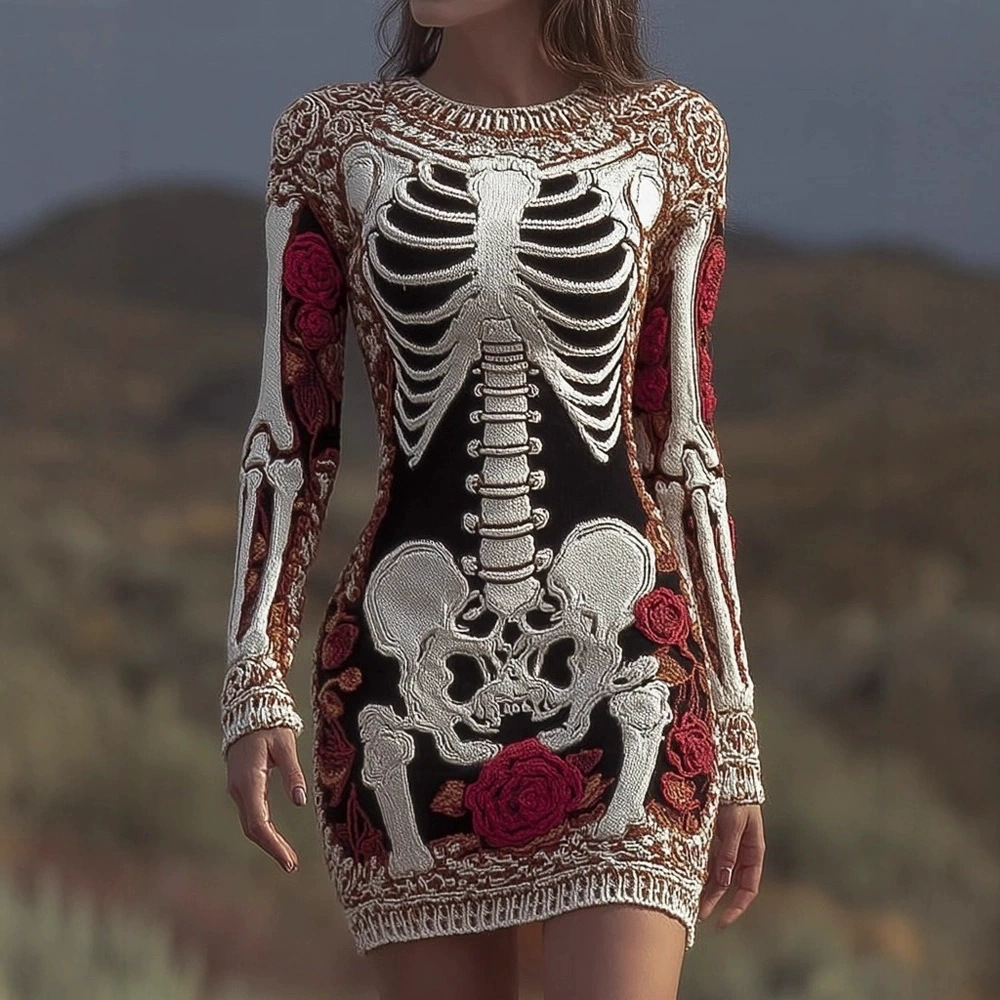 Bodycon Dress Women - Ürkütücü Gotik Kafatası Yuvarlak Yaka Kazak