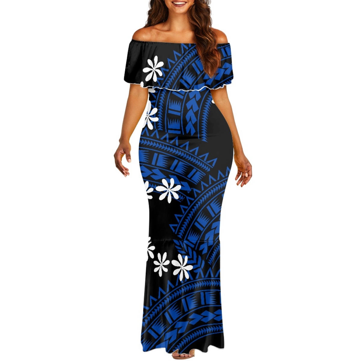 Bodycon Dress Women - Polinezya Adası Sanatı Parti Kıyafeti Omuzları