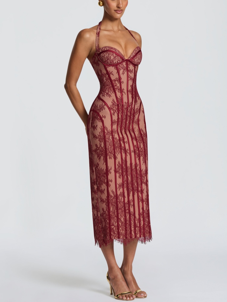 Halter Sweetheart Bordo Dantel - Bodycon Dress Women incelemesi ve fiyatı